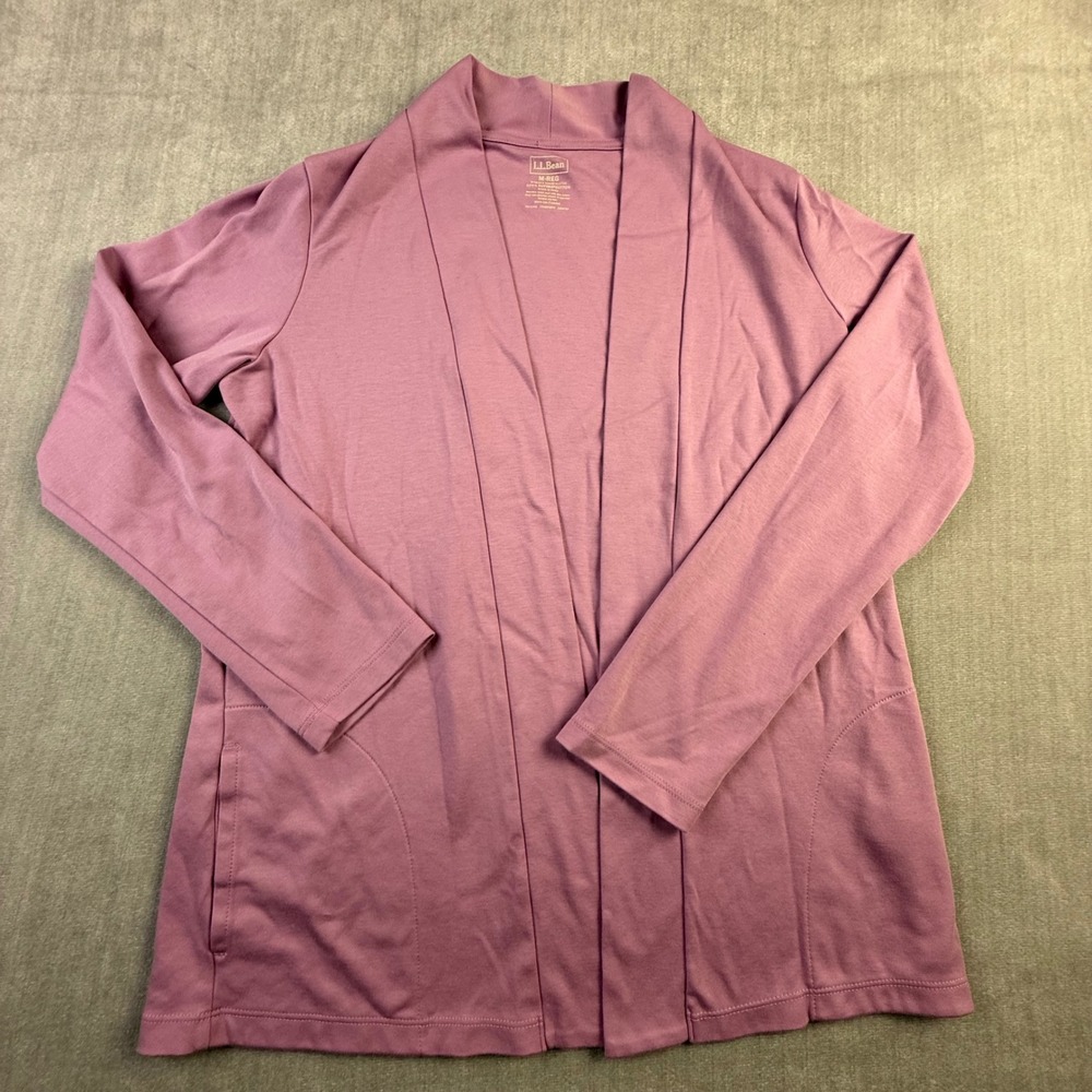 LL Bean Womens Supima Cotton Open Front Cardigan Mauve Purple Pockets M 511705